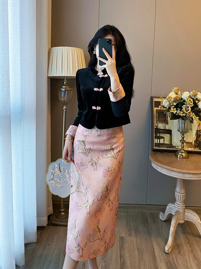 New Chinese style cheongsam buckle top and skirt two-piece suit for women autumn and winter temperament velvet dress long skirt
