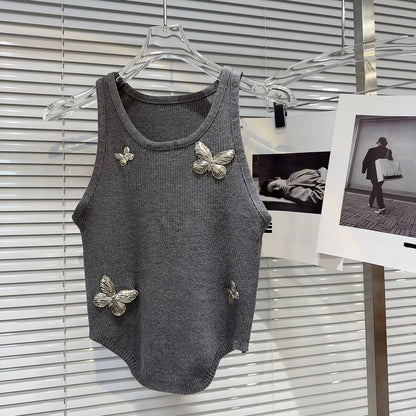 Internet celebrity style 2025 summer new style niche personality sweet and spicy metal big butterfly design knitted camisole vest