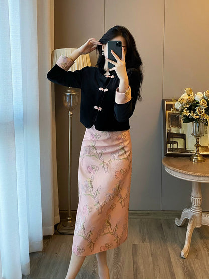 New Chinese style cheongsam buckle top and skirt two-piece suit for women autumn and winter temperament velvet dress long skirt