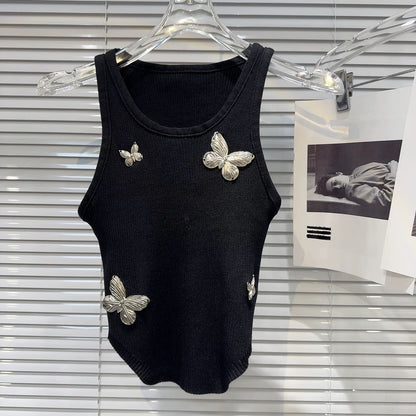 Internet celebrity style 2025 summer new style niche personality sweet and spicy metal big butterfly design knitted camisole vest