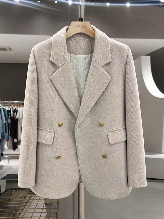 Beige-grey British style cotton-lined woolen suit jacket for women, 2025 new autumn and winter Korean style thickened suit.