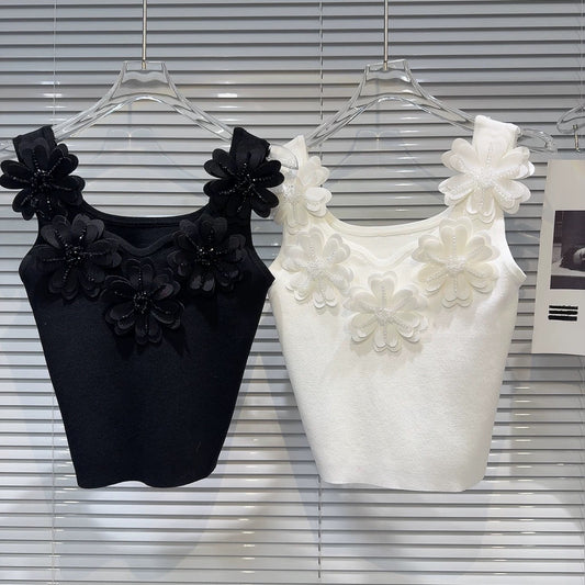 Internet celebrity style 2025 summer new style small fragrance style flower rhinestone beaded solid color exquisite knitted camisole vest for women