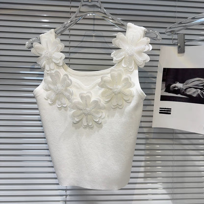 Internet celebrity style 2025 summer new style small fragrance style flower rhinestone beaded solid color exquisite knitted camisole vest for women