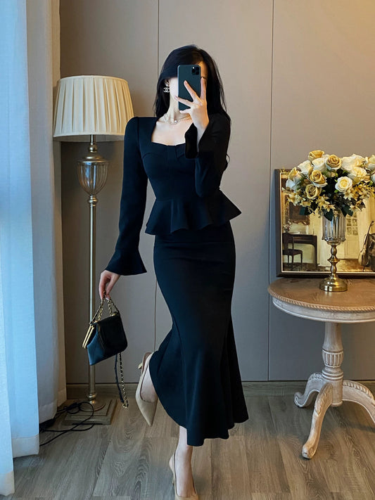 French Hepburn style small fragrant two-piece suit for women autumn and winter new slim fit fishtail black dress long skirt
