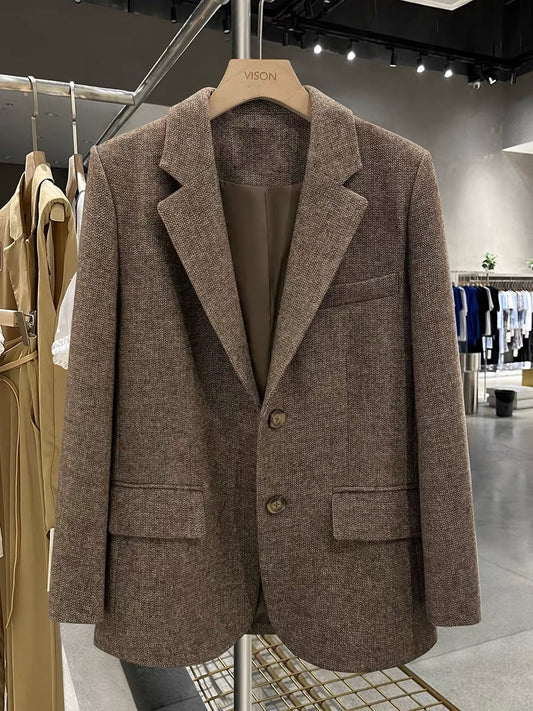 Retro-style herringbone wool blazer for women, new autumn/winter 2025 style, petite, Korean casual suit.