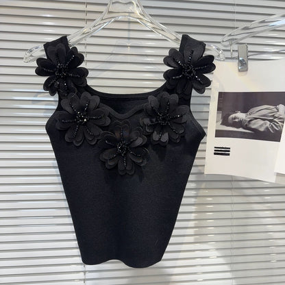 Internet celebrity style 2025 summer new style small fragrance style flower rhinestone beaded solid color exquisite knitted camisole vest for women