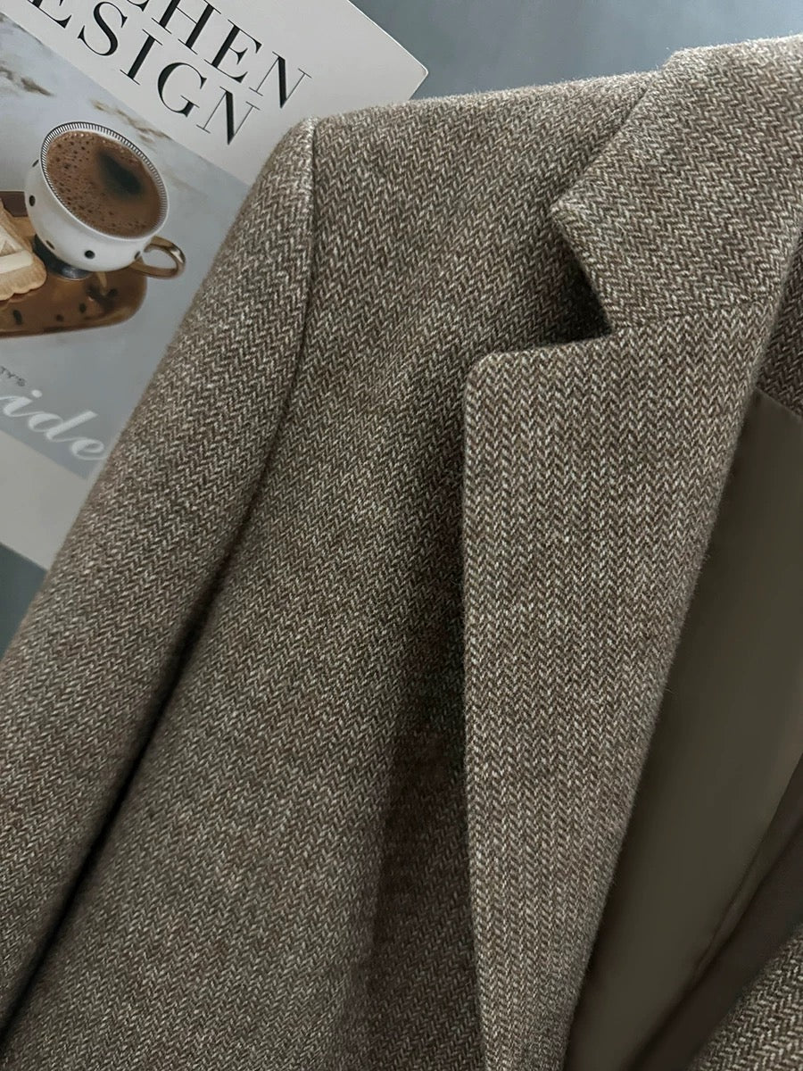 Retro-style herringbone wool blazer for women, new autumn/winter 2025 style, petite, Korean casual suit.