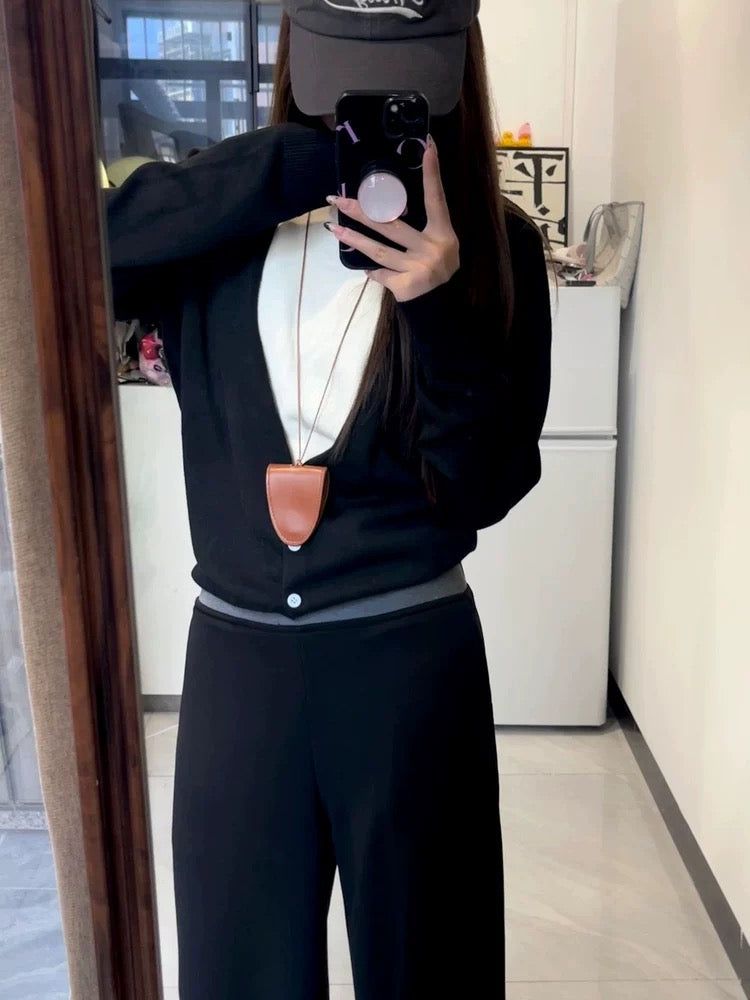 Korean casual sports style suit V-neck fake two-piece long-sleeved sweater women 2025 autumn high waist wide leg pants two-piece suit