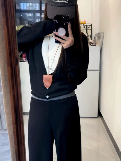 Korean casual sports style suit V-neck fake two-piece long-sleeved sweater women 2025 autumn high waist wide leg pants two-piece suit