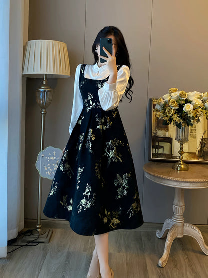 New Chinese style improved cheongsam fake two-piece dress for women autumn and winter new slim waist Chinese style retro long skirt