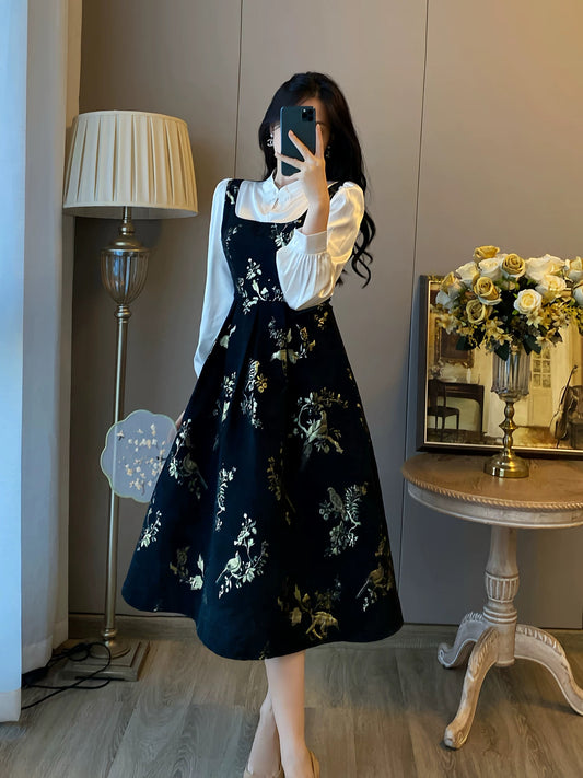 New Chinese style improved cheongsam fake two-piece dress for women autumn and winter new slim waist Chinese style retro long skirt