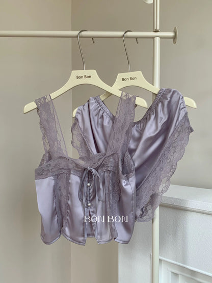 BonBon Lightweight and Comfortable Summer Pajama Set for Women - French Style High-End Lace Trim Sexy Camisole Without Padding