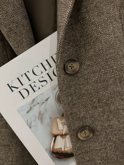 Retro-style herringbone wool blazer for women, new autumn/winter 2025 style, petite, Korean casual suit.