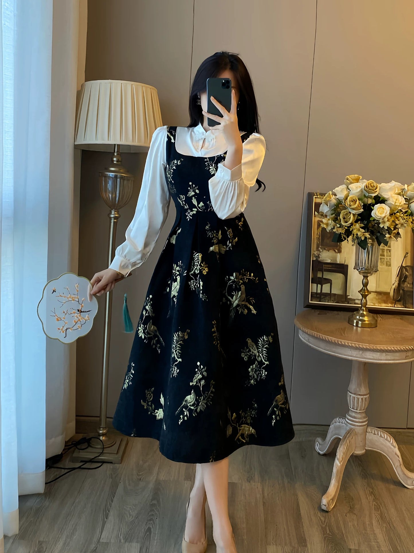 New Chinese style improved cheongsam fake two-piece dress for women autumn and winter new slim waist Chinese style retro long skirt