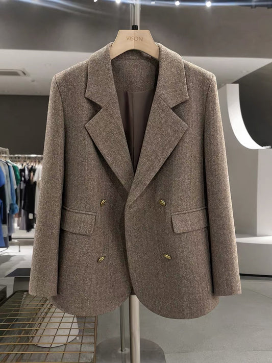 Brown herringbone wool blazer for women, a new autumn/winter style, fashionable and casual, perfect for the street.