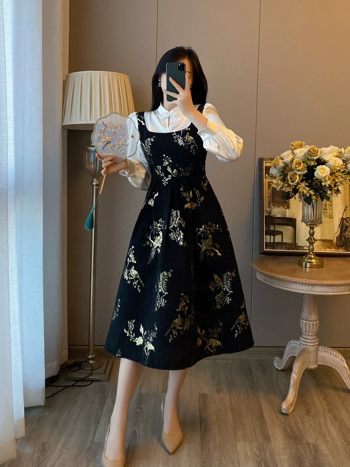 New Chinese style improved cheongsam fake two-piece dress for women autumn and winter new slim waist Chinese style retro long skirt
