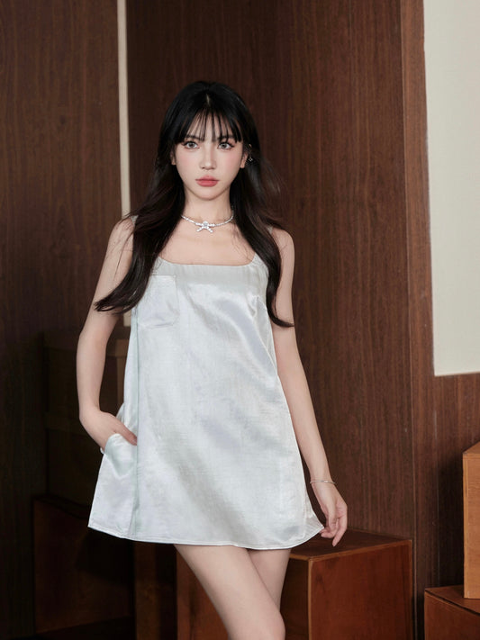 avenement/pocket design suspender dress women's summer loose slimming age-reducing A-line baby skirt short skirt