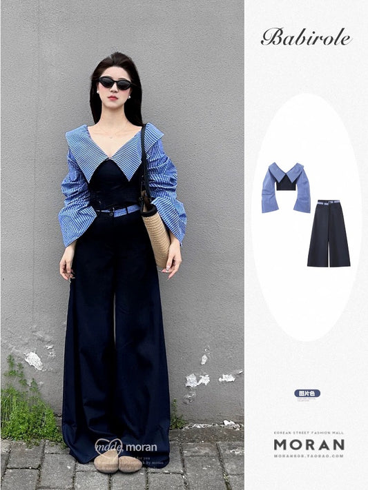 Early autumn atmosphere design niche street-blasting one-shoulder long-sleeved shirt loose casual wide-leg pants two-piece suit for women