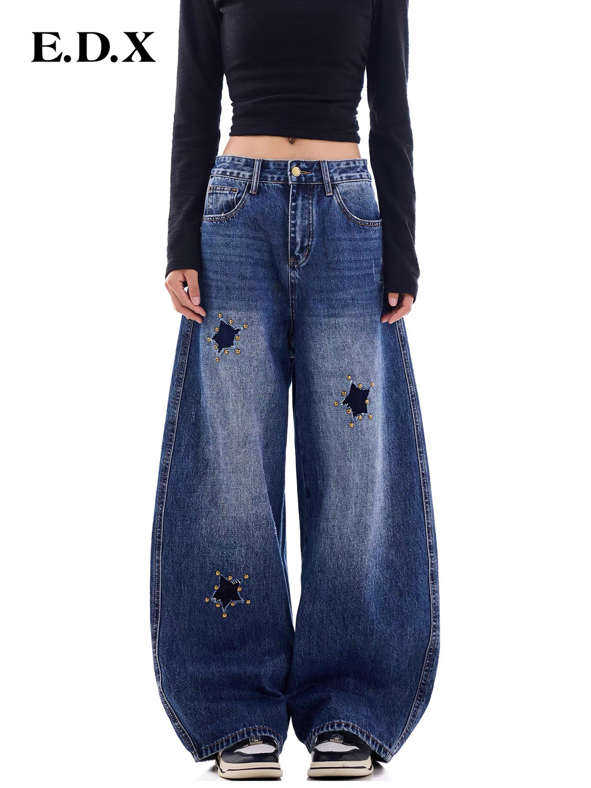EDX2026 Autumn Women’s Vintage-Washed Distressed High-Waisted Wide-Leg Jeans with Star Studs and Curved Seam Detailing