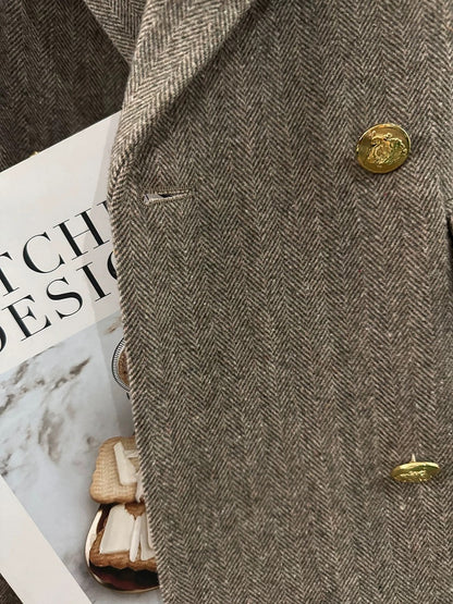 Brown herringbone wool blazer for women, a new autumn/winter style, fashionable and casual, perfect for the street.