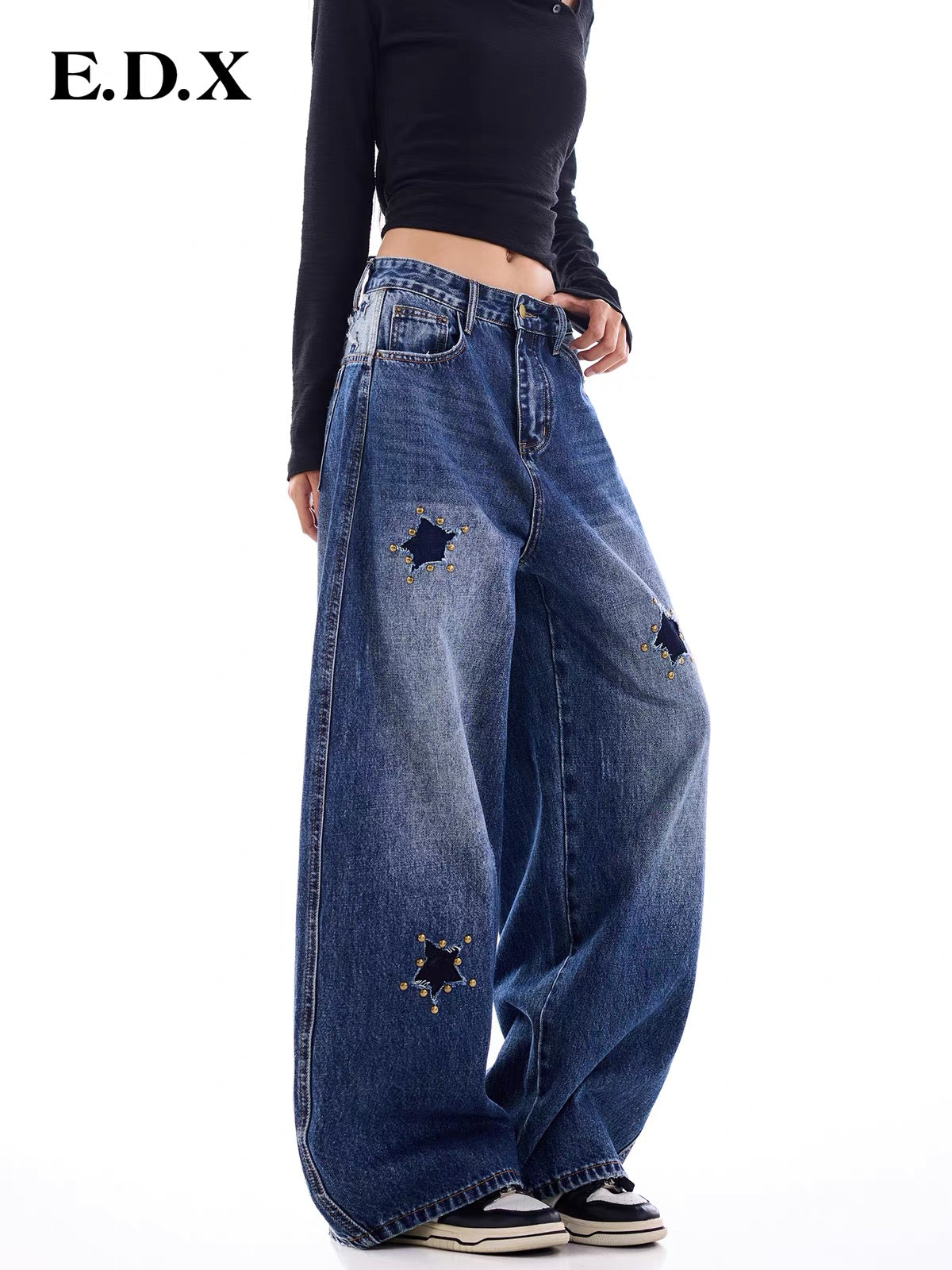 EDX2026 Autumn Women’s Vintage-Washed Distressed High-Waisted Wide-Leg Jeans with Star Studs and Curved Seam Detailing