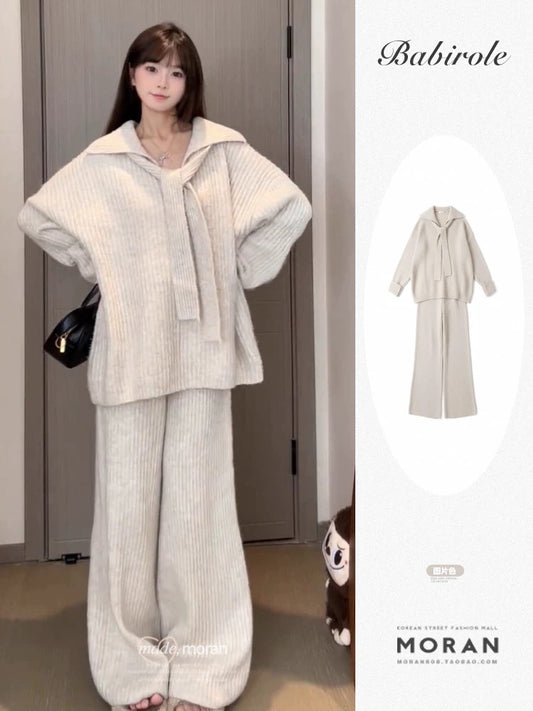 Korean chic navy collar niche pullover long-sleeved sweater knitted sweater casual pants two-piece suit autumn and winter wear for women