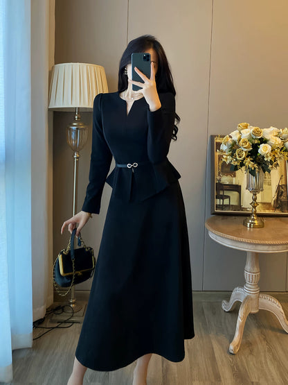 Hepburn style high-end skirt, ladylike two-piece suit, women's 2024 autumn and winter new black dress