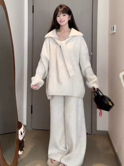 Korean chic navy collar niche pullover long-sleeved sweater knitted sweater casual pants two-piece suit autumn and winter wear for women
