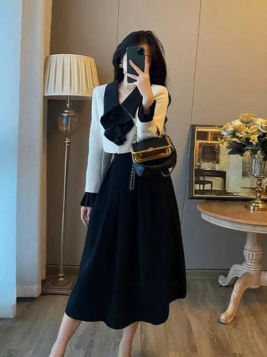 Xiaoxiang style suit two-piece suit for women autumn new style French retro black dress long skirt