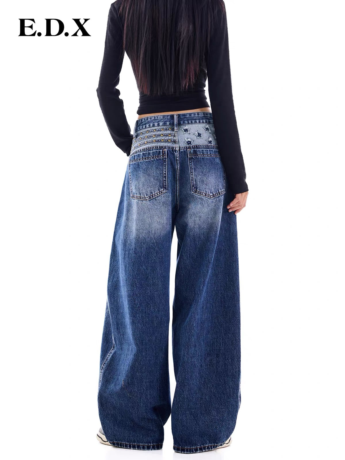 EDX2026 Autumn Women’s Vintage-Washed Distressed High-Waisted Wide-Leg Jeans with Star Studs and Curved Seam Detailing