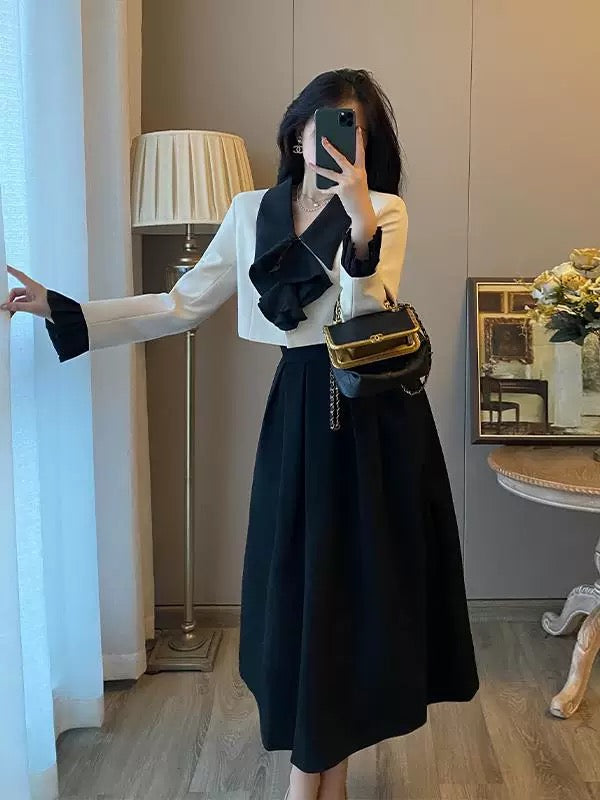 Xiaoxiang style suit two-piece suit for women autumn new style French retro black dress long skirt