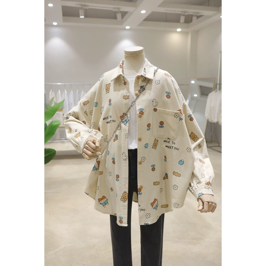 Brushed comfortable and age-reducing cute full-body cartoon print 2024 spring loose mid-length cotton and linen long-sleeved shirt for women