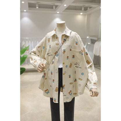 Brushed comfortable and age-reducing cute full-body cartoon print 2024 spring loose mid-length cotton and linen long-sleeved shirt for women