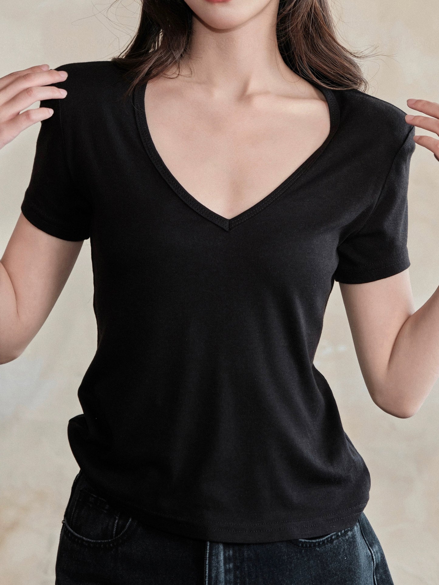 avenement/v-neck Tencel wool short-sleeved T-shirt women's summer solid color slightly see-through loose slimming short all-match top