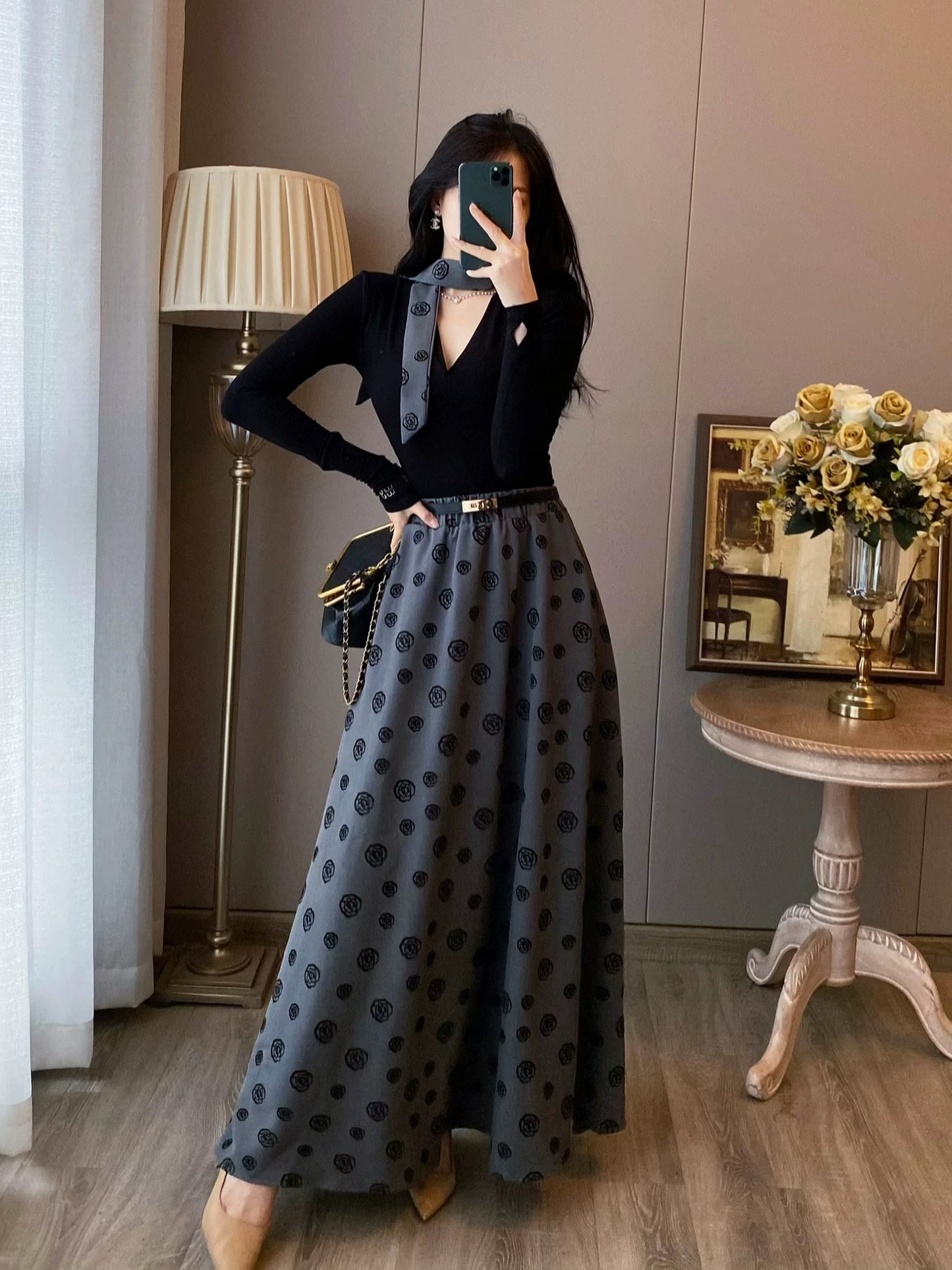 French retro black dress women's winter new fashion high-end two-piece suit with waist and elegant long skirt