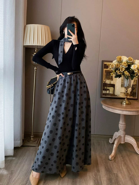 French retro black dress women's winter new fashion high-end two-piece suit with waist and elegant long skirt
