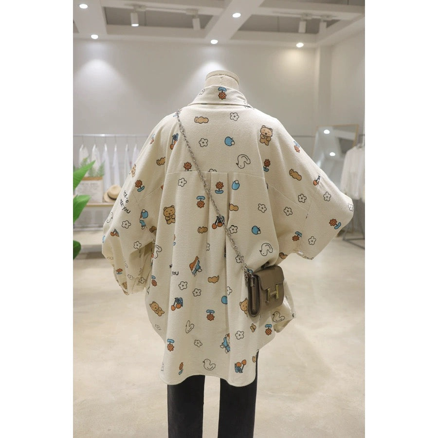 Brushed comfortable and age-reducing cute full-body cartoon print 2024 spring loose mid-length cotton and linen long-sleeved shirt for women