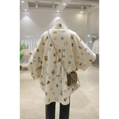 Brushed comfortable and age-reducing cute full-body cartoon print 2024 spring loose mid-length cotton and linen long-sleeved shirt for women