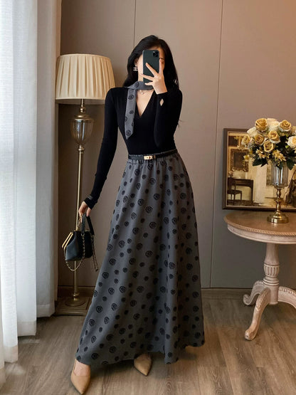 French retro black dress women's winter new fashion high-end two-piece suit with waist and elegant long skirt