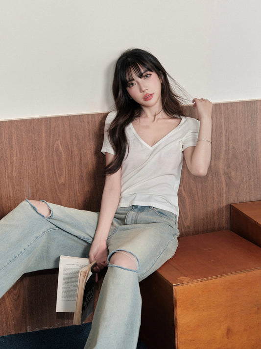 avenement/v-neck Tencel wool short-sleeved T-shirt women's summer solid color slightly see-through loose slimming short all-match top
