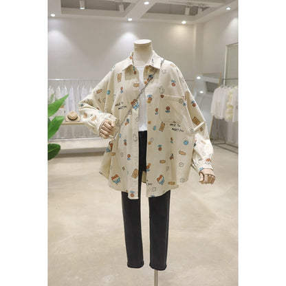 Brushed comfortable and age-reducing cute full-body cartoon print 2024 spring loose mid-length cotton and linen long-sleeved shirt for women
