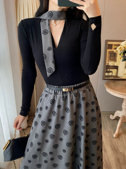 French retro black dress women's winter new fashion high-end two-piece suit with waist and elegant long skirt