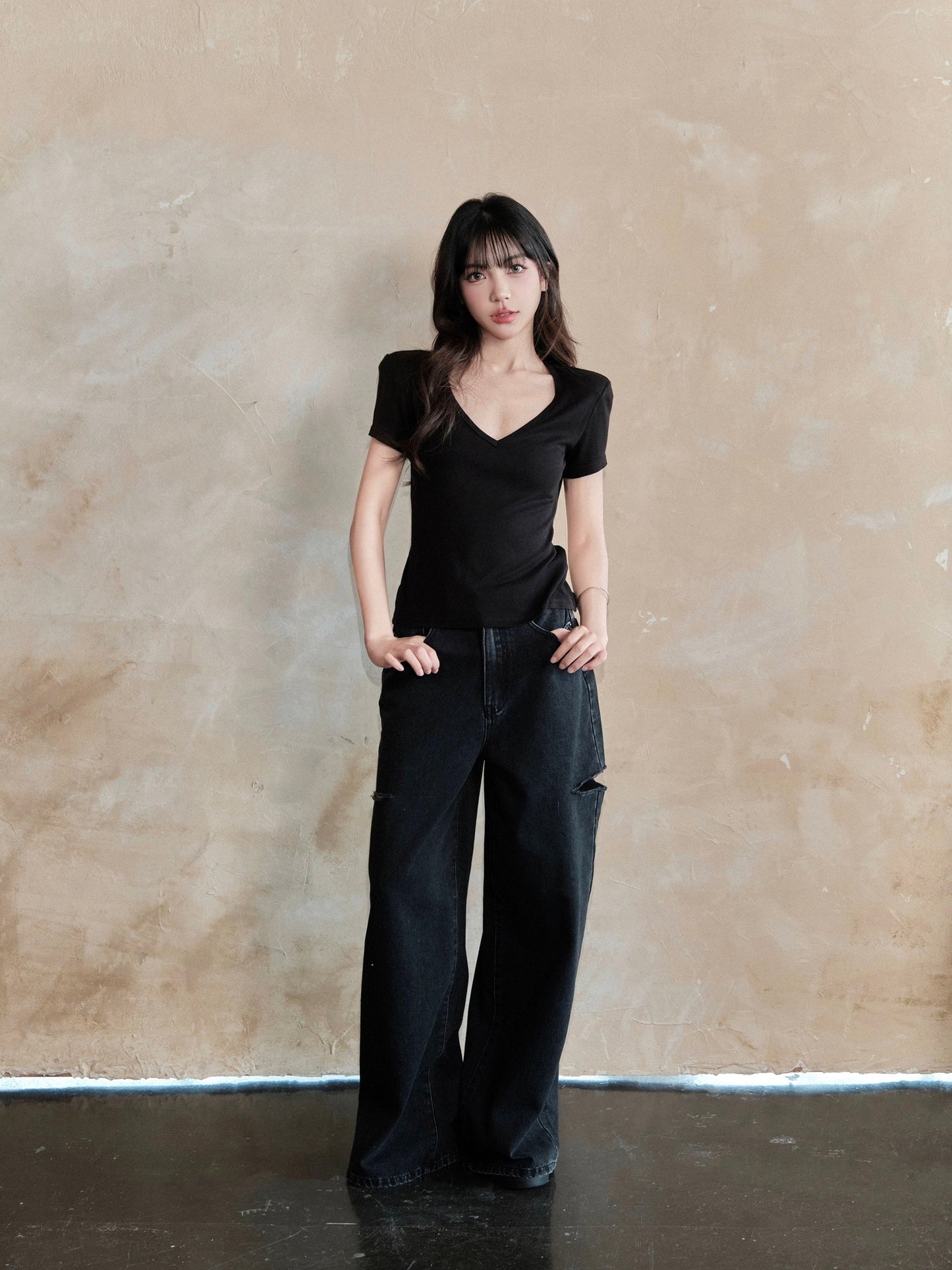 avenement/v-neck Tencel wool short-sleeved T-shirt women's summer solid color slightly see-through loose slimming short all-match top