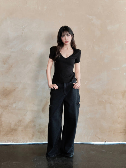 avenement/v-neck Tencel wool short-sleeved T-shirt women's summer solid color slightly see-through loose slimming short all-match top