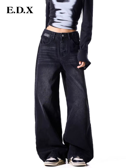 EDX Women’s Vintage-Washed Straight-Leg Wide-Leg Jeans – Fall 2026 Collection, Loose-Fit, Slimming Effect, Draping Fabric, Casual Long Trousers (Black)