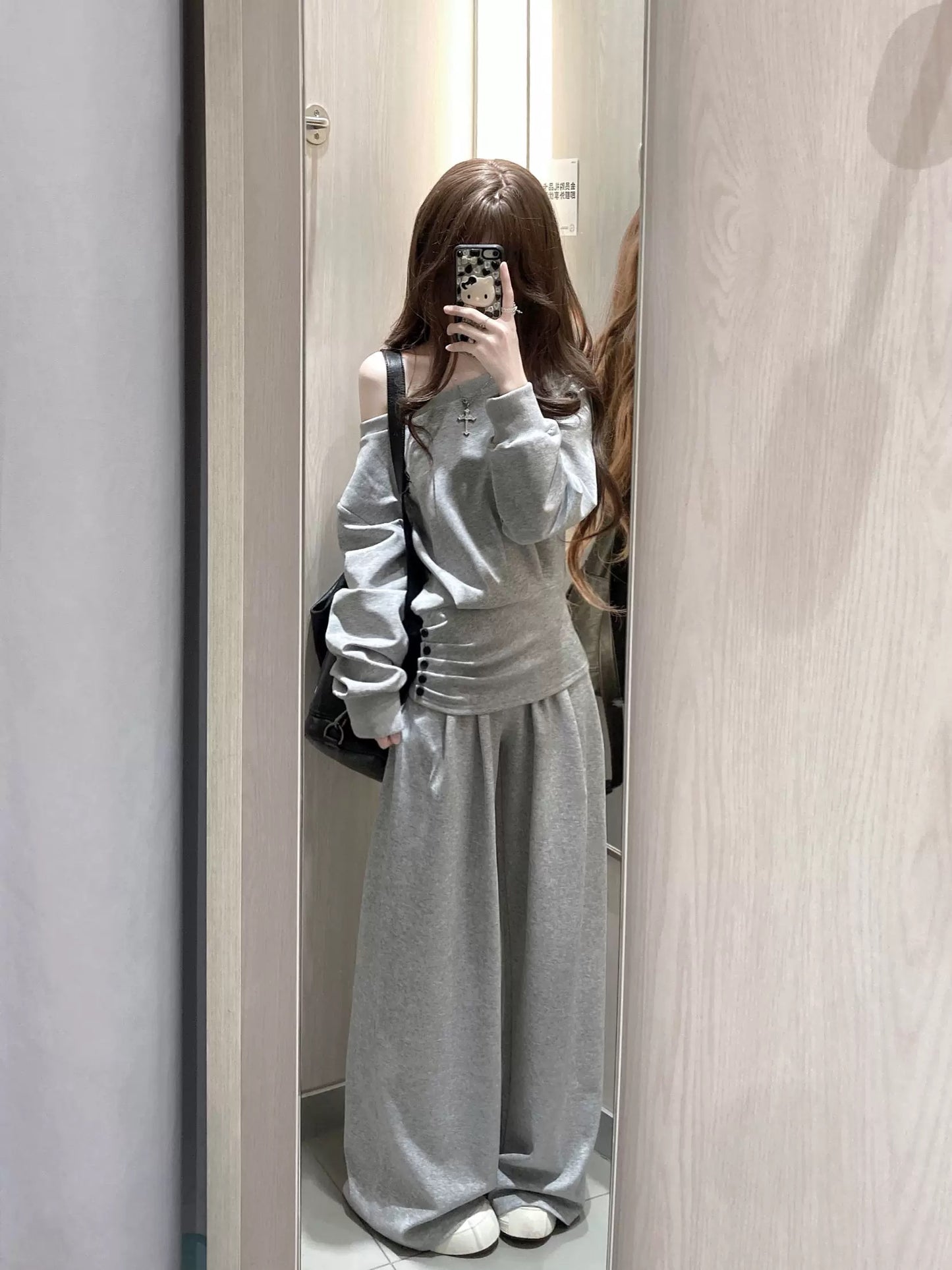 Casual lazy style off-shoulder gray waist sweatshirt wide-leg pants two-piece set for women's autumn and winter petite outfit a complete set