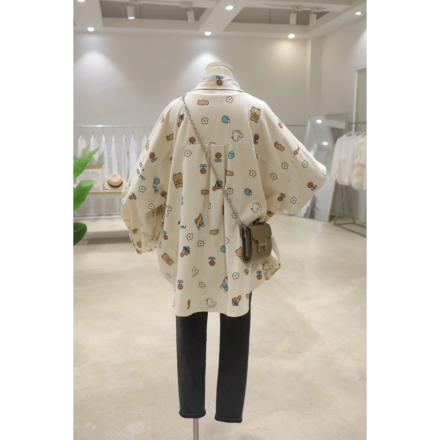 Brushed comfortable and age-reducing cute full-body cartoon print 2024 spring loose mid-length cotton and linen long-sleeved shirt for women