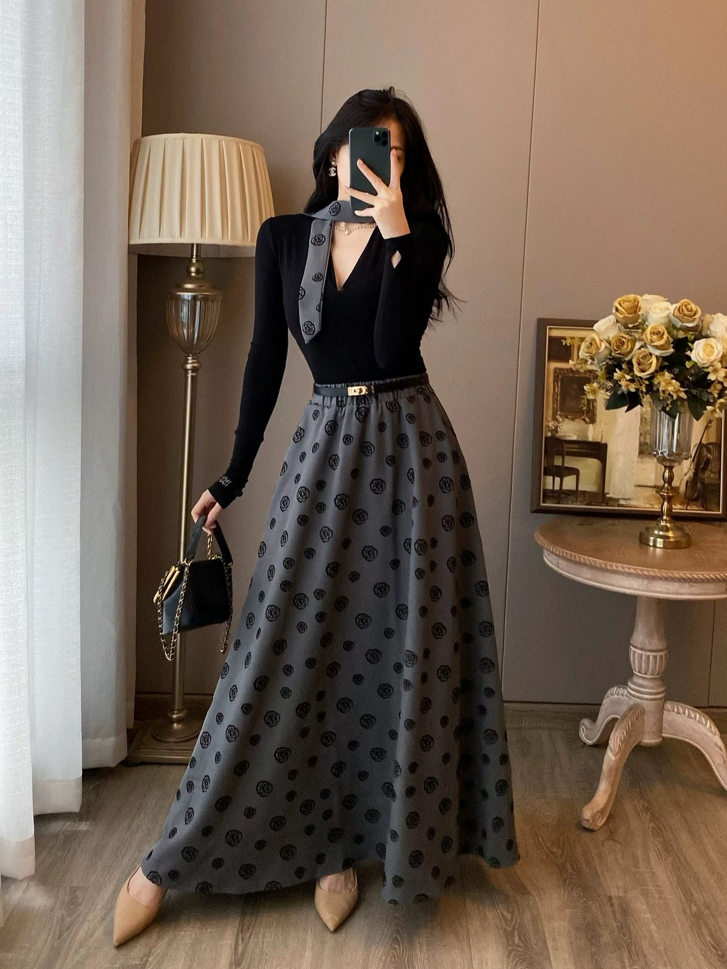 French retro black dress women's winter new fashion high-end two-piece suit with waist and elegant long skirt