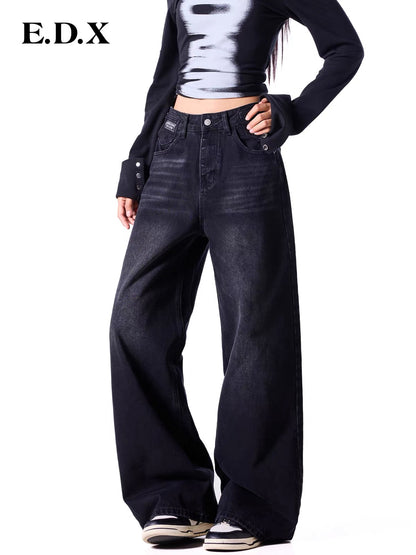 EDX Women’s Vintage-Washed Straight-Leg Wide-Leg Jeans – Fall 2026 Collection, Loose-Fit, Slimming Effect, Draping Fabric, Casual Long Trousers (Black)