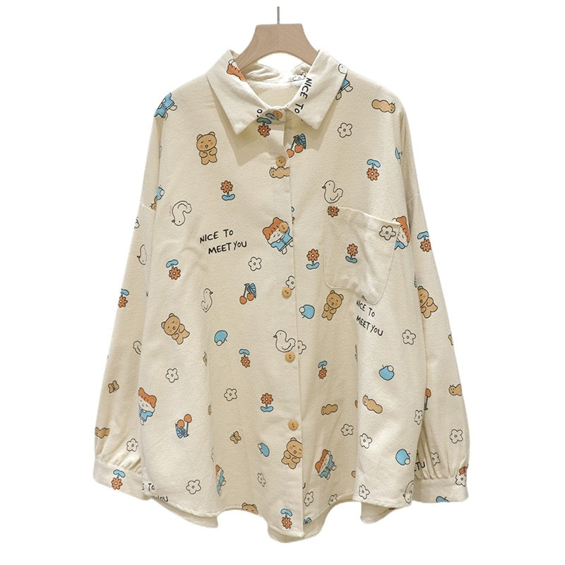 Brushed comfortable and age-reducing cute full-body cartoon print 2024 spring loose mid-length cotton and linen long-sleeved shirt for women